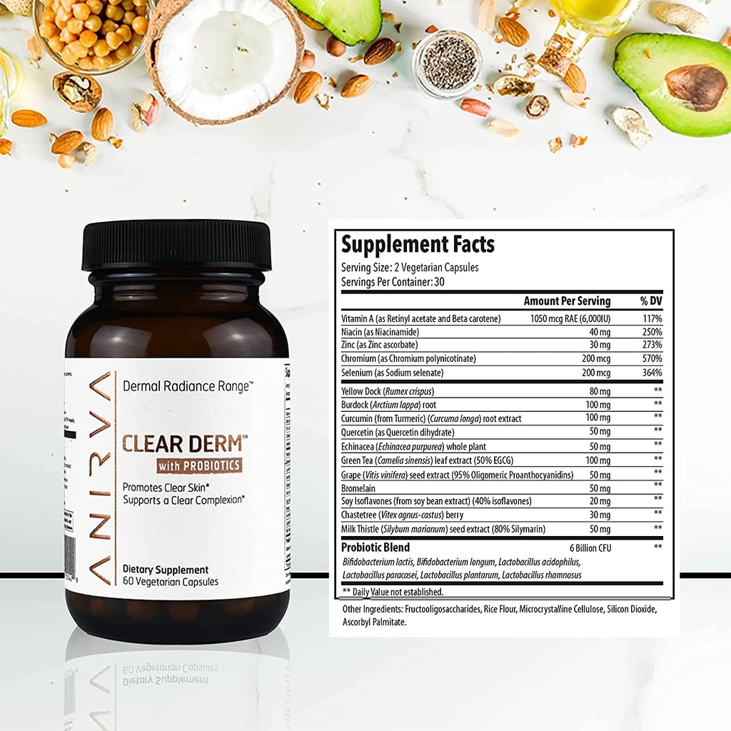 Çinko & Probiyotikler ile Clear Skin Supplement - Destekler Hormonal Acne, Breakouts & Rosacea - Clearer Complexion için Akne Pills - Anirva ClearDerm