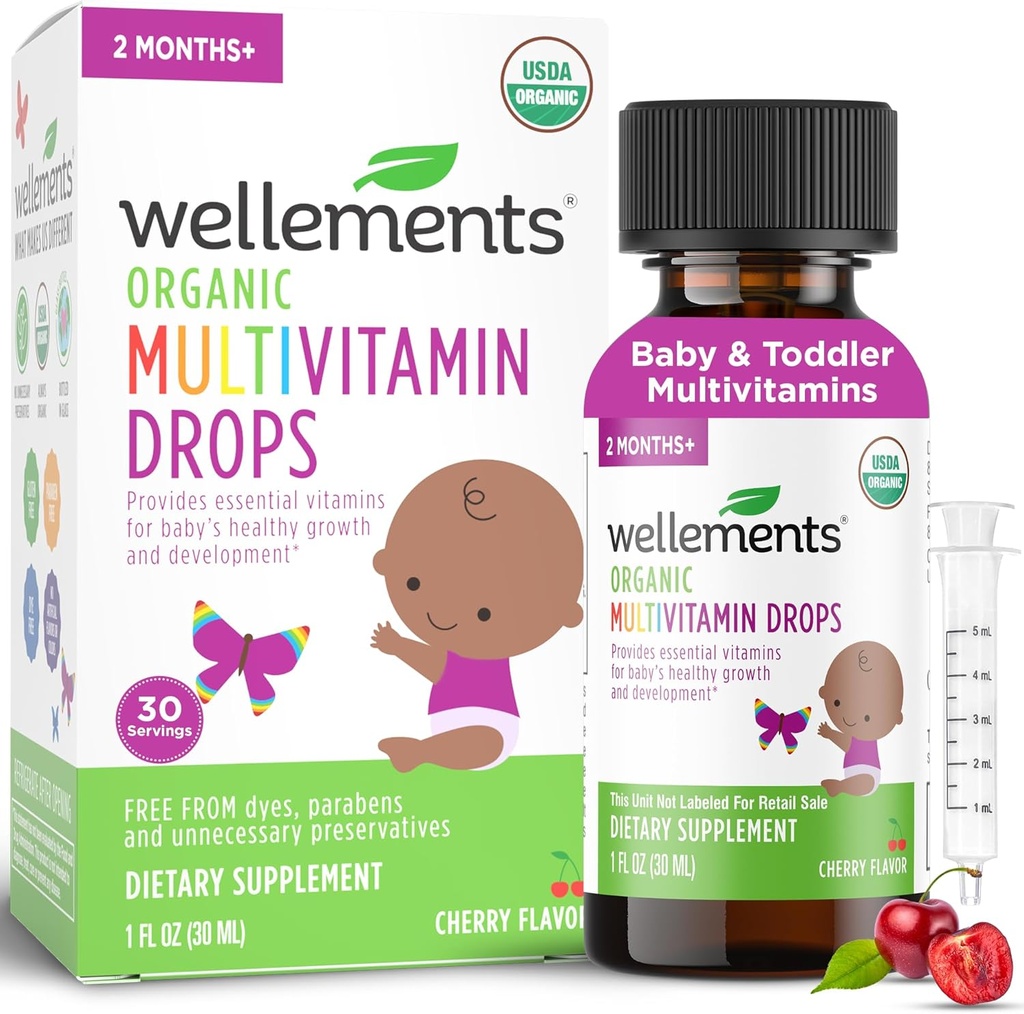 Wellements Organic Baby Multivitamin Drops (1 Fl Oz) - Cherry Flavor Liquid Multivitamins for Infants & Toddler (2 Ay+) - Immune Support için Toddler Vitaminleri*, Sağlıklı Büyüme ve Bone Development*