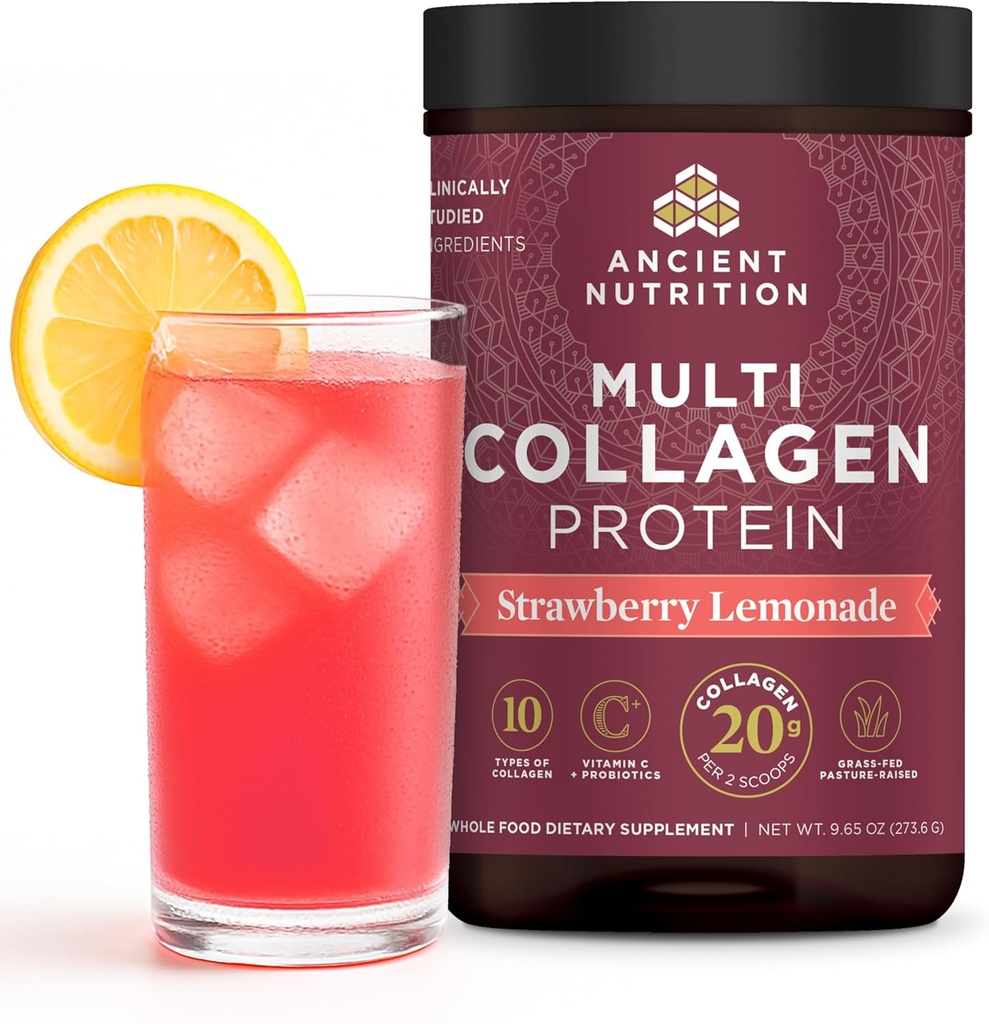 Eski Beslenme Kolajn, Toz, Multi Collagen protein, Kadınlar ve Erkekler, C vitamini, Probiyotikler, Hydrolyzed Collagen, Supports Skin, Ortaklar, Gut Health, Strawberry Lemonade, 24 Hizmet