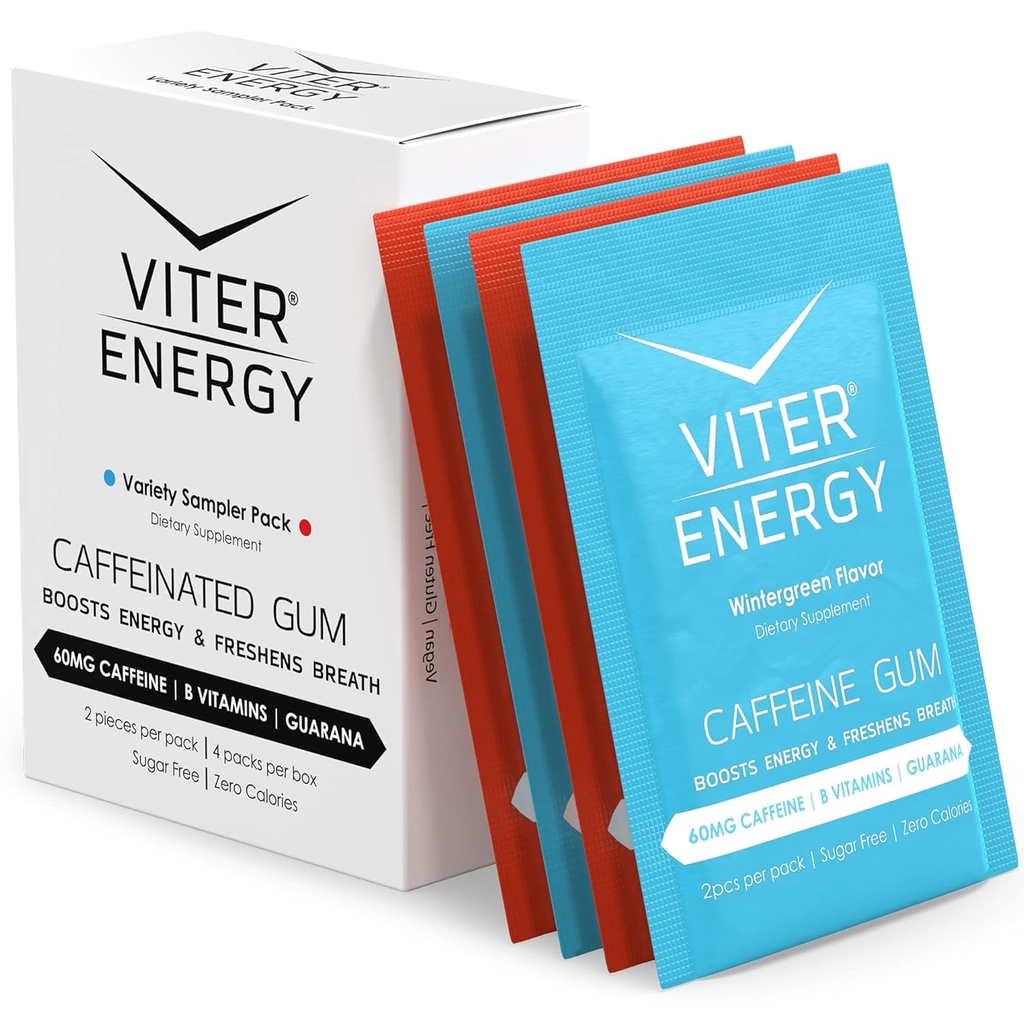 Viter Energy Caffeinated Gum 60 mg Caffeine, B Vitamins, Guarana, Sugar Free. (Variety, 2parça, 4 Pack)