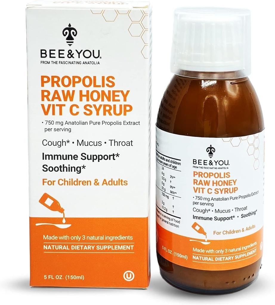 BEE ve You Propolis Extract Cough Syrup w/Vitamin C, Soothing Honey, Natural Immune Support, Sore Throat Relief, Antioksis, for Kids & Yetişkinler, 5 Fl Oz, for Men and Women