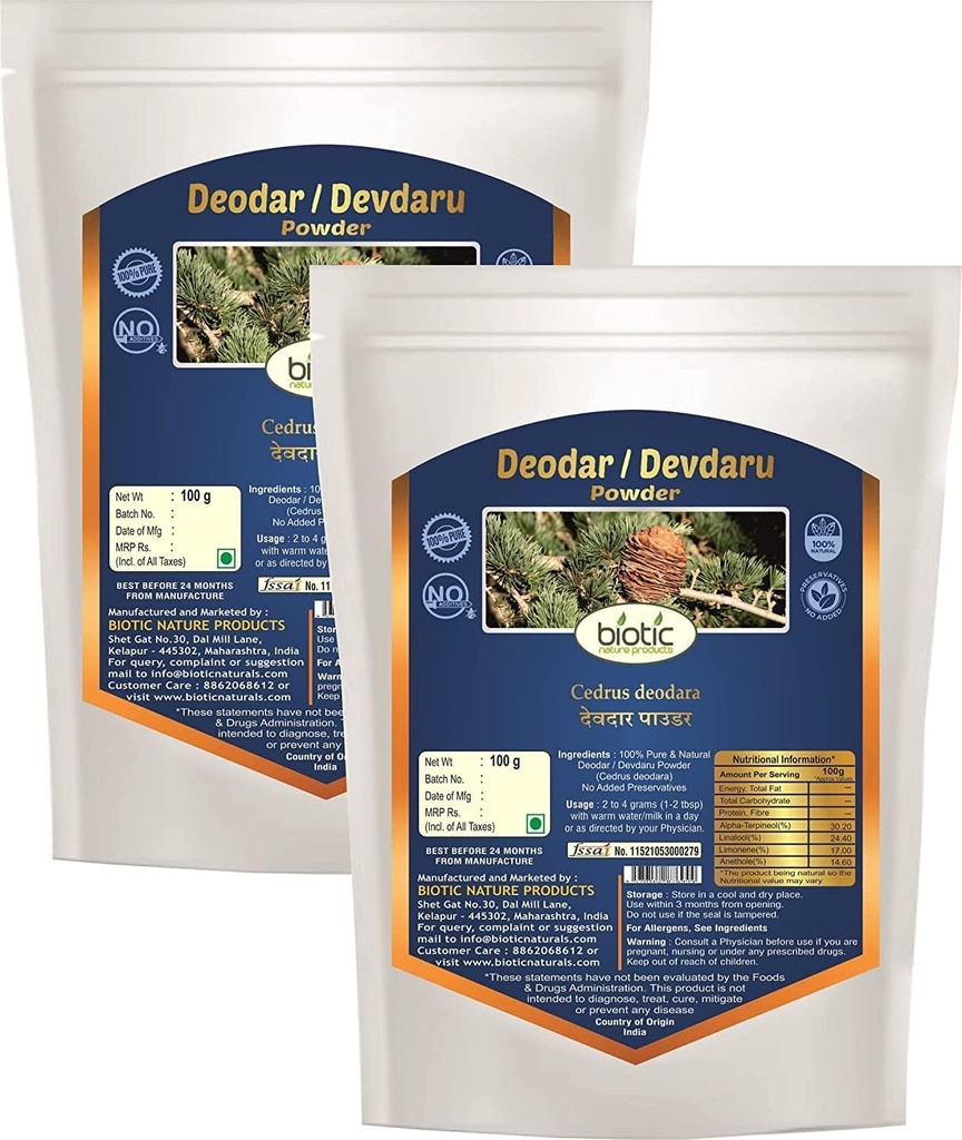 Veena Biotic Deodar Toz (Cedrus Deodara) Devadaru Toz - 200 gm (Pack of 2)