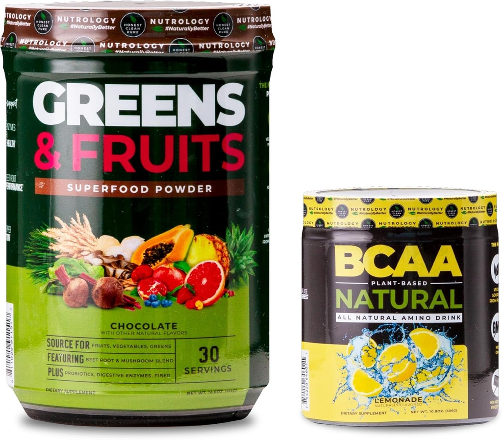 Nutrology Greens & Fruits Toz-Doğal olarak Superfood, Chocolate (30 hizmet) BCAA Natural, Plant Based BCAA Toz, Lemonade Flavor (30 hizmet)