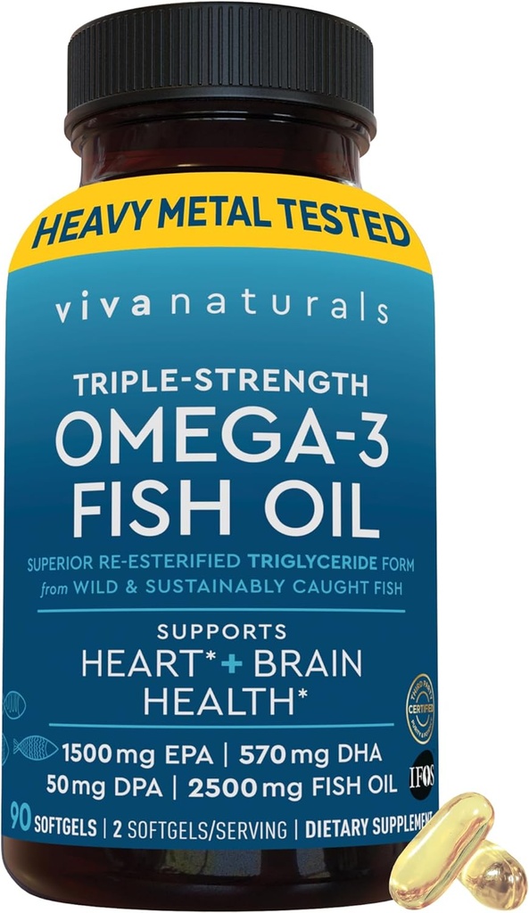 Viva Naturals Triple Strength Omega 3 Fish Oil Pills - 2500 mg Yüksek Yeterli Formula 2250 mg Omega 3 Fatty Acids (Including EPA, DHA, DPA) TG Formunu Absorpsiyon için - IFOS sertifikalı, 90 Softgels