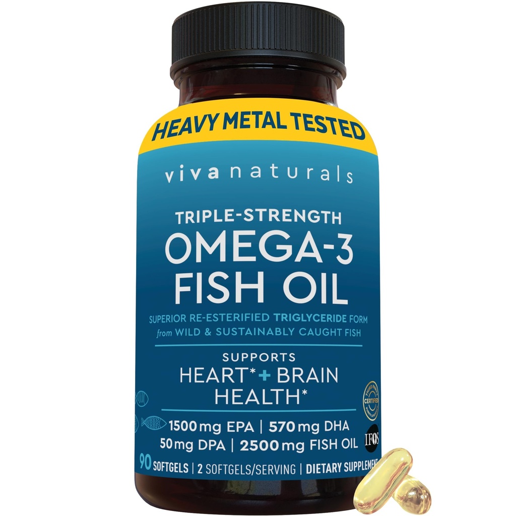 Viva Naturals Triple Strength Omega 3 Fish Oil Pills - 2500 mg Yüksek Yeterli Formula 2250 mg Omega 3 Fatty Acids (Including EPA, DHA, DPA) TG Formunu Absorpsiyon için - IFOS sertifikalı, 90 Softgels