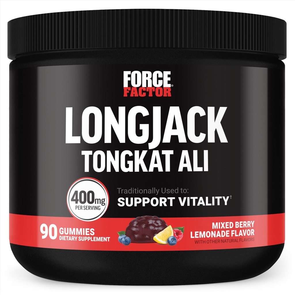 Force Factor Longjack Tongkat Ali Gummies, Tongkat Ali για τους άνδρες για να υποστηρίξουν την ανδρική ζωτικότητα και την κίνηση, 400mg Tongkat Ali με BioPerine, μικτή λεμονάδα μούρων, 90 Gummies