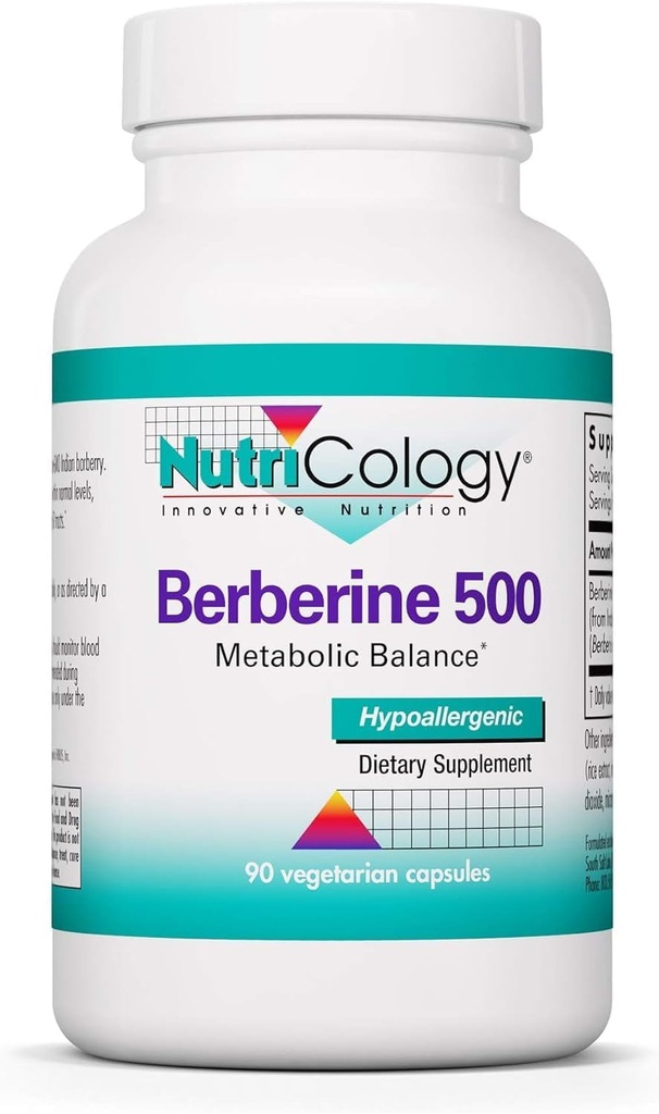 Nutricology Berberine 500 mg Supplement - Multi-Faceted Metabolic Desteği, Sağlıklı Cholesterol, Hint Barberry Root, Hipoallergenic, Vegetarian Capsules - 90 Count 90