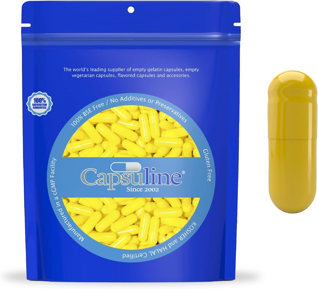 Capsuline Colored Uzunluk 0 Boş Gelatin Capsules Yellow/Yellow 5000 Count |Kosher & Halal Sertifikalı |Gluten Free