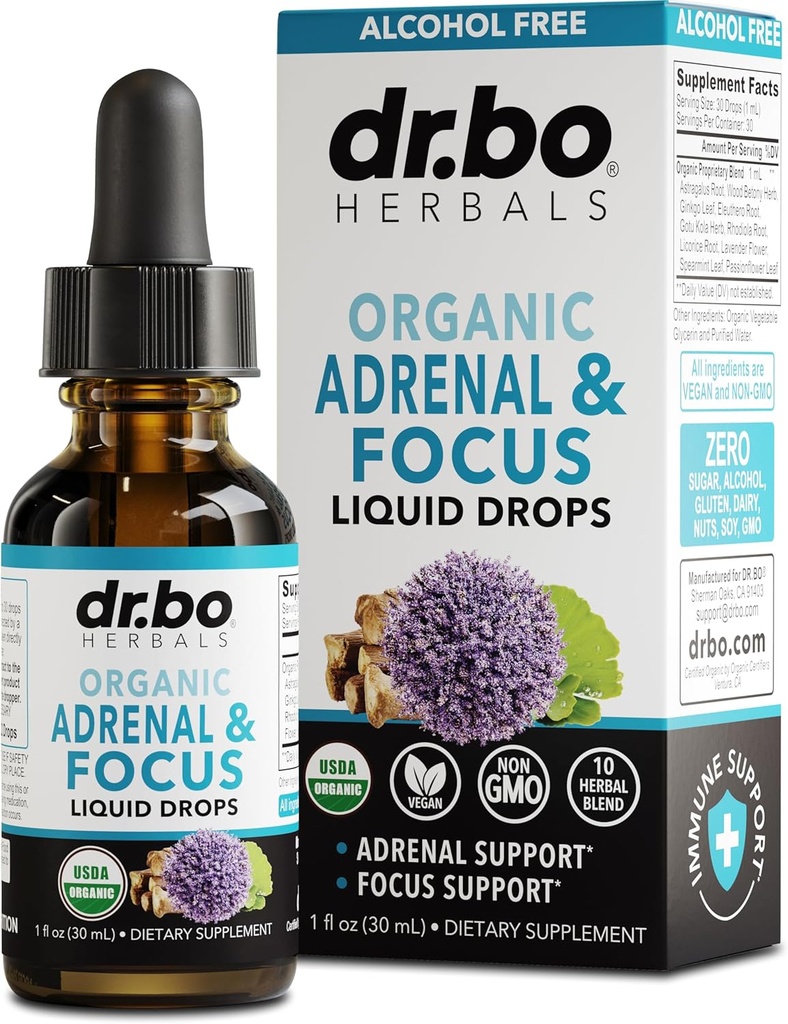 Adrenal Support Supplements Liquid Drops - Organik Adrenal ve Focus Supplement, Cortisol Manager Adaptogen Yetişkinler, Ginkgo Biloba for Kids Calm - Natural Brain and Memory Fatigue Stres Dikkat 1oz
