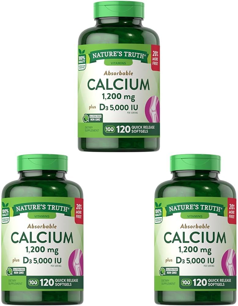 Nature's Truth Absorbable Food 1200 mg with Vitamin D3 5000 IU | 120 Softgels |dis Carbonate | Non-GMO Gluten Free Supplement (Pack of 3)