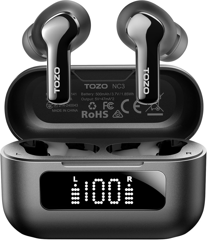 TOZO NC3 Hybrid Active Gürültü Kablosuz Earbuds ile 6 Mics AI Clear Call Ear Buds 55H Playtime with LED Display 32 Preset EQs via APP Bluetooth 5.3 IPX8 Suları