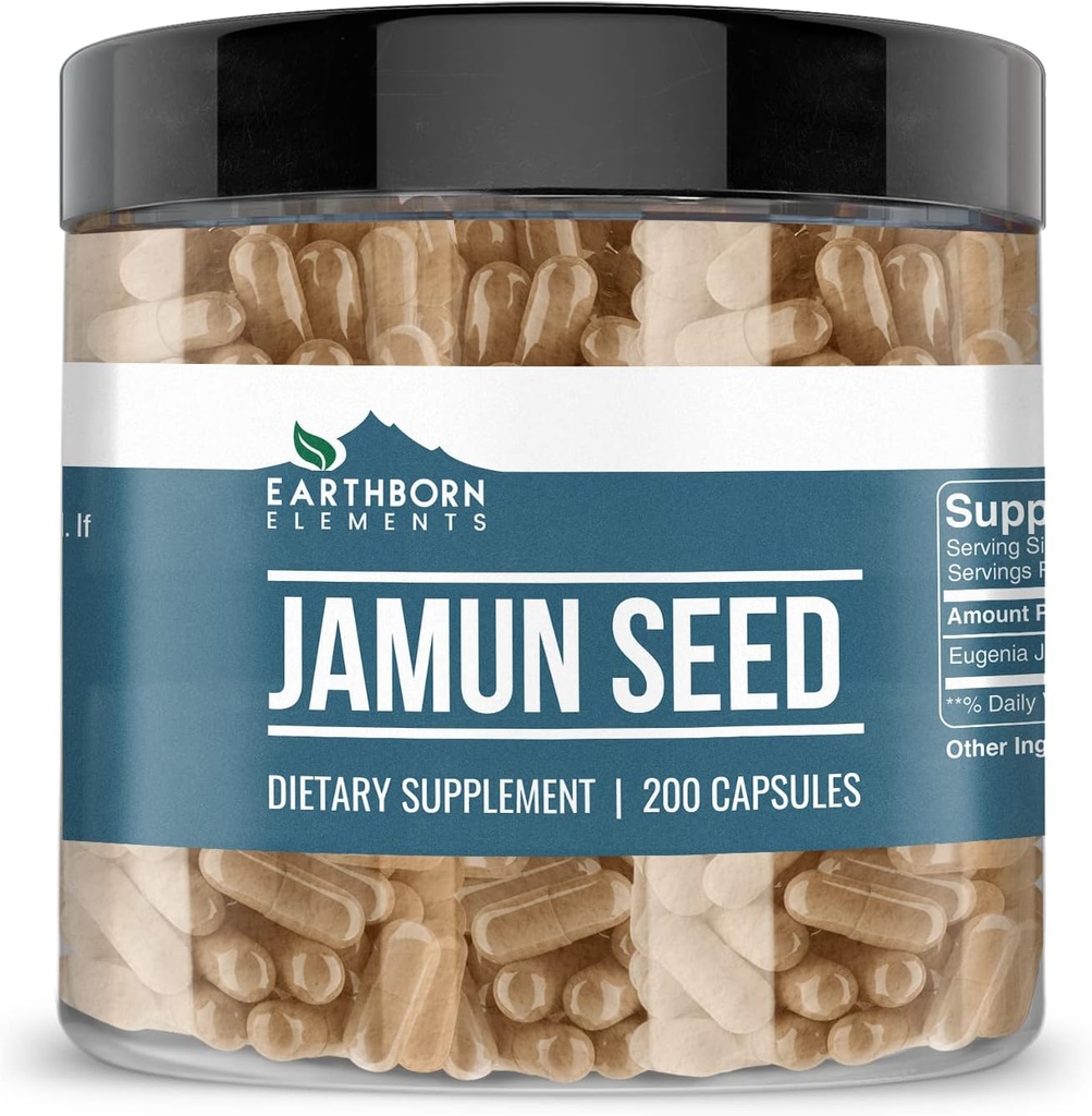 Earthborn στοιχεία Jamun Σπόροι 200 κάψουλες, καθαρό & μη αραιωμένο, χωρίς πρόσθετα