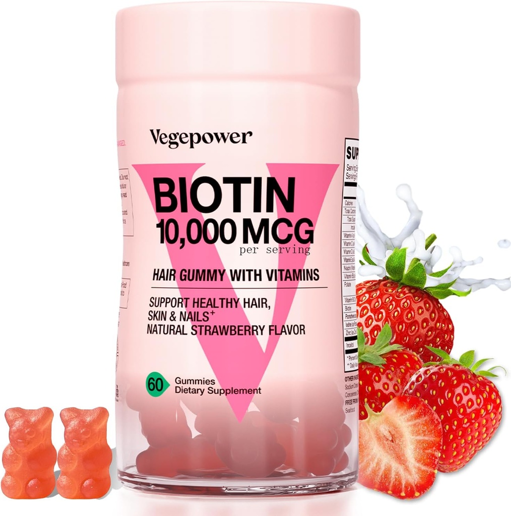 Saç Büyüme Biyotin 10.000 ile Gummies - Vegan Saç Vitaminleri Yor Sağlıklı Saç, Cilt & Çiçekler, B-Complex, Vitamin D, Vitamin A & çinko - Kadınlar için Saç Supplement (60, Strawberry)