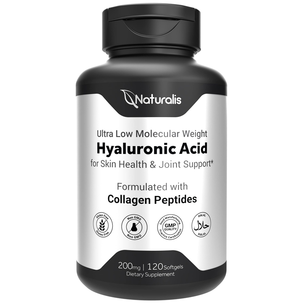 Naturalis Hyaluronik Asit 200 mg, 10x Daha İyi Abhidrasyon Ultra Low Moleküler Ağırlık Collagen, Biotin, Selenium & Vitamin E | Saç, Skin, Nails & Ortak Supplements | 120 Softgels