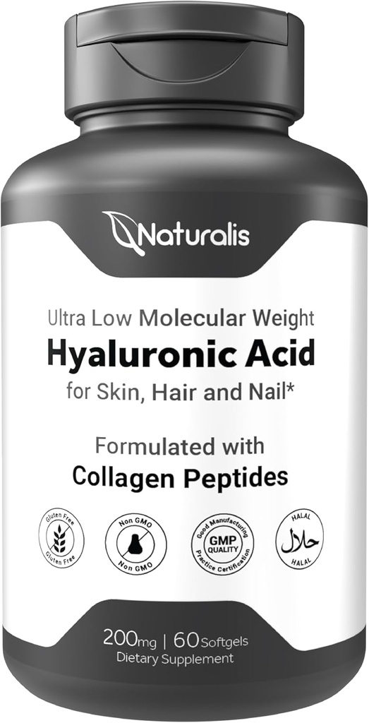 Naturalis Hyaluronik Asit 200 mg, 10x Daha İyi Abhidrasyon Ultra Low Moleküler Ağırlık Collagen, Biotin, Selenium & Vitamin E | Saç, Skin, Nails & Ortak Supplements | 120 Softgels