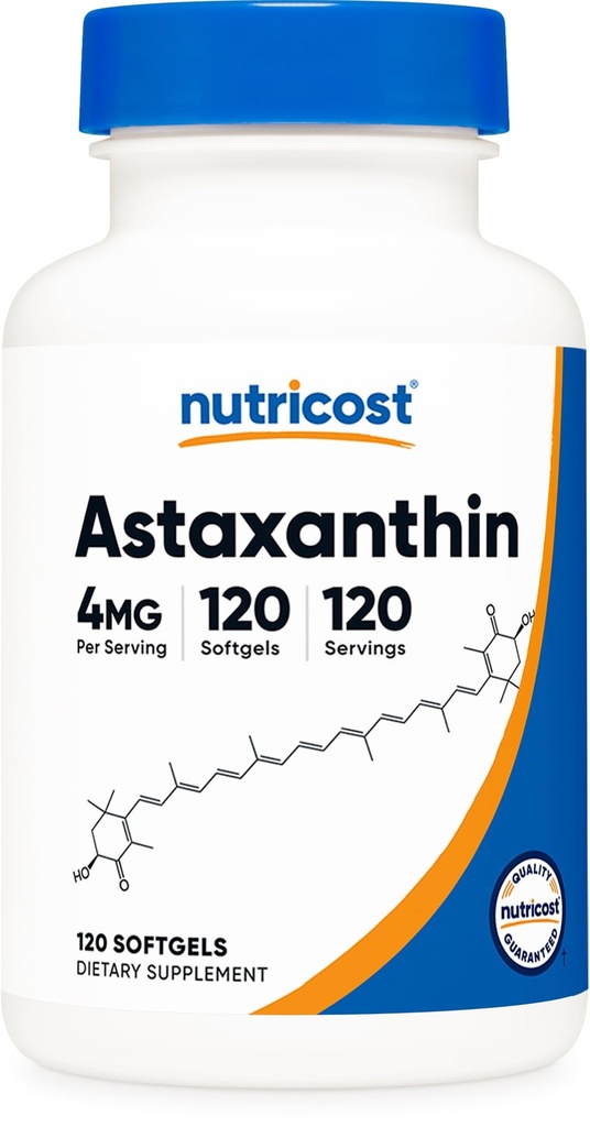 Nutricost Astaxanthin 4 mg, Gluten Free and Non-GMO, 120 Softgels (4 Ay Supply)