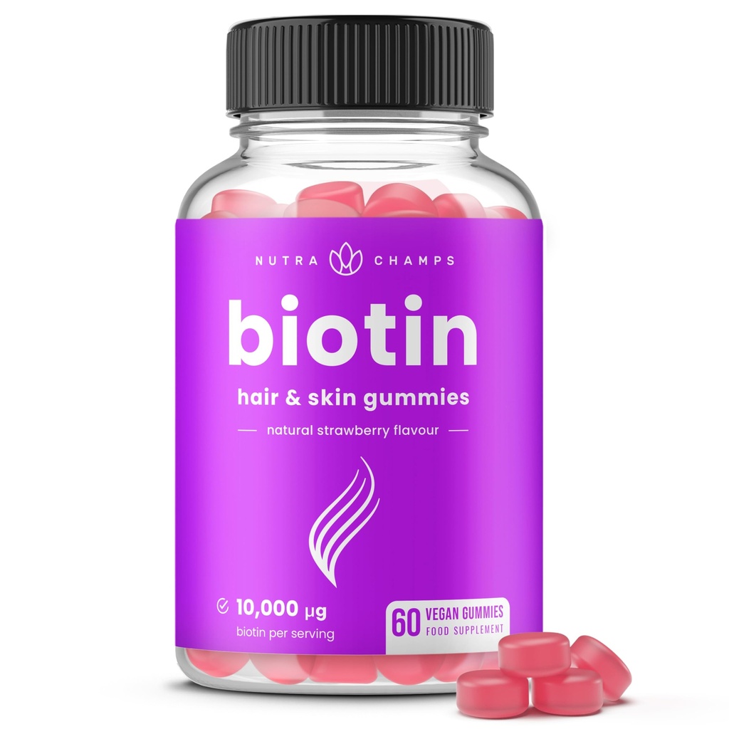NutraChamps Biotin Gummies 10000mcg [High Potency] για υγιή μαλλιά, δέρμα & νύχια Βιταμίνες για γυναίκες, άνδρες & παιδιά - 5000mcg σε κάθε βιταμίνη μαλλιών Gummy - Vegan, μη-GMO, συμπλήρωμα υγείας μαλλιών