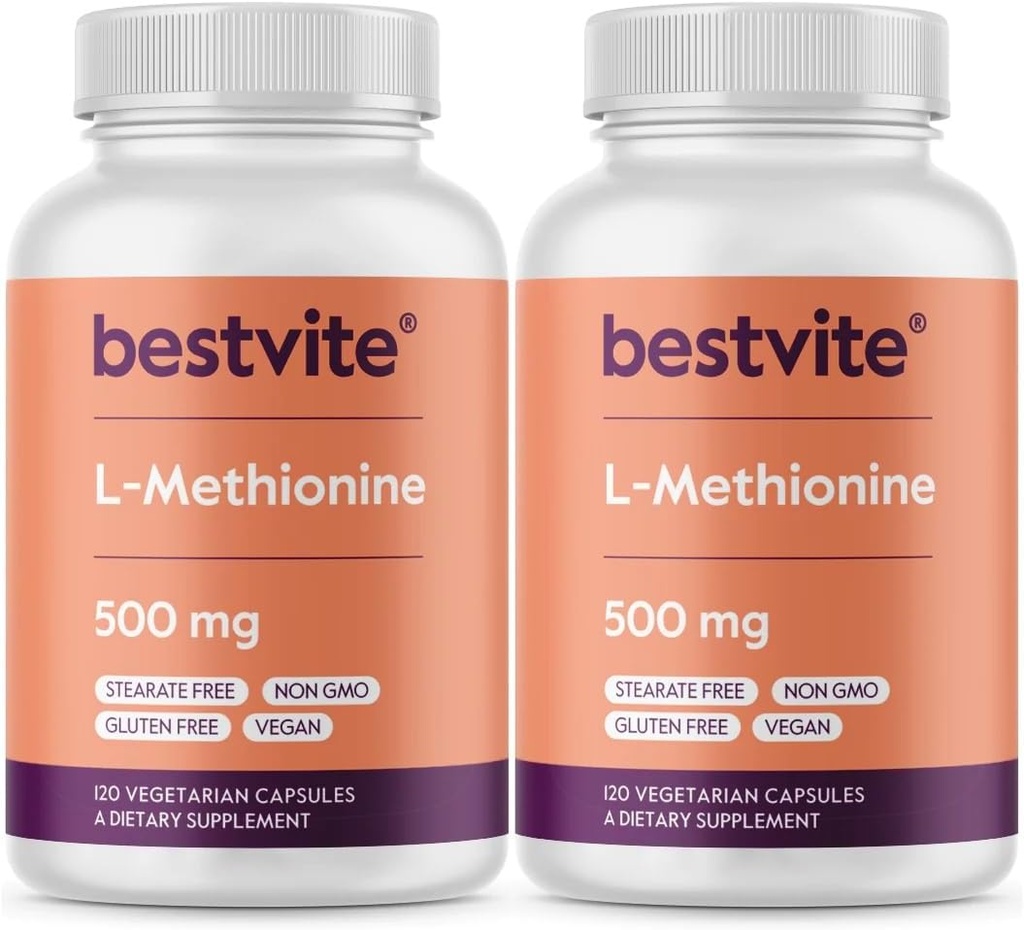 BESTVITE L-Methionine 500 mg (240 Vejetaryen Capsules) (120x2) - Stearates - Vegan - GMO - Gluten Ücretsiz