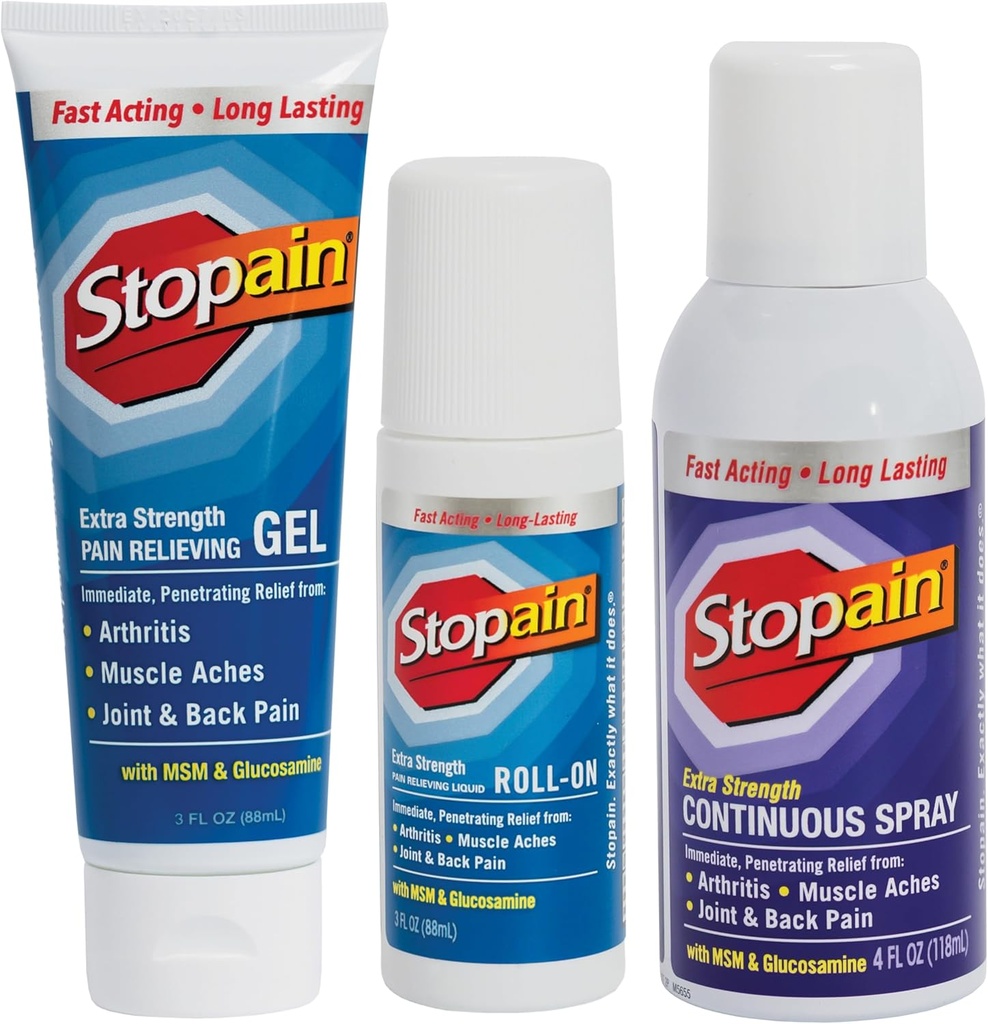 Stopain Pain Relief Combo Set (Gel, Roll On, Mix) ABD Made, Max Strength Fast Acting with MSM, Glucosamine, Menthol for Lower Back, Diz, Boy HSA FSA Topical Analgesic Ürünler