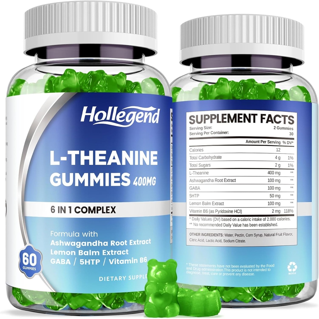 L-Theanine Gummies, l'theanine 400mg with Ashwagandha, GABA, 5HTP,L-Theanine Chewable Supplement for Relax, Zzz & Focus Support, Vegan, Lemon Flavor, 120 Counts