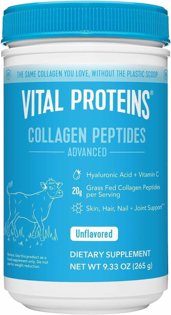 Vital Proteins Grass Fed Collagen Toz Supplement Hydrolyzed Peptides with Hyaluronic Acid and Vitamin C - Non-GMO, Dairy & Gluten Free Unflavored, 9.33oz