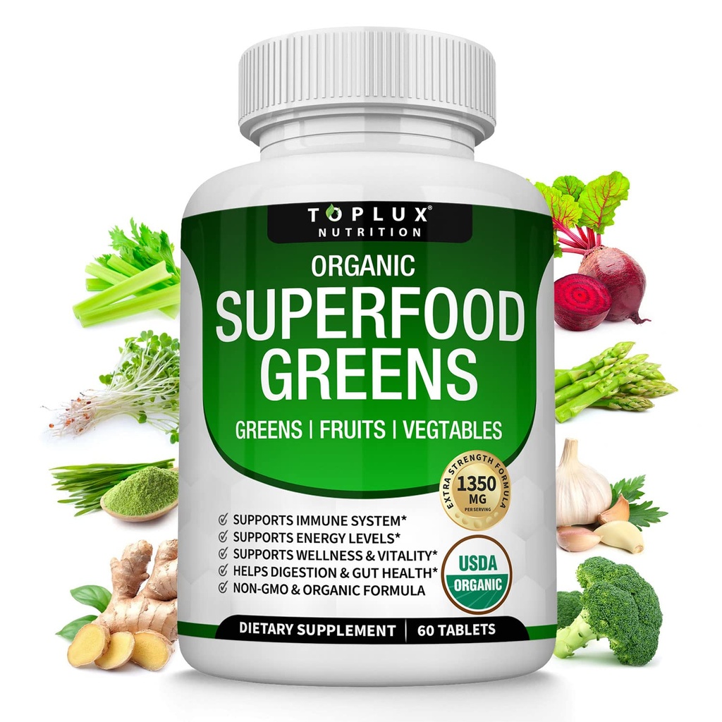 Organik Super Greens Capsules Superfood Meyve Veggie Supplement - Alfalfa, Beet Root, Tart Cherry & Ginger for Immune & Energy Support, for Men Women, 60 Tabletler için
