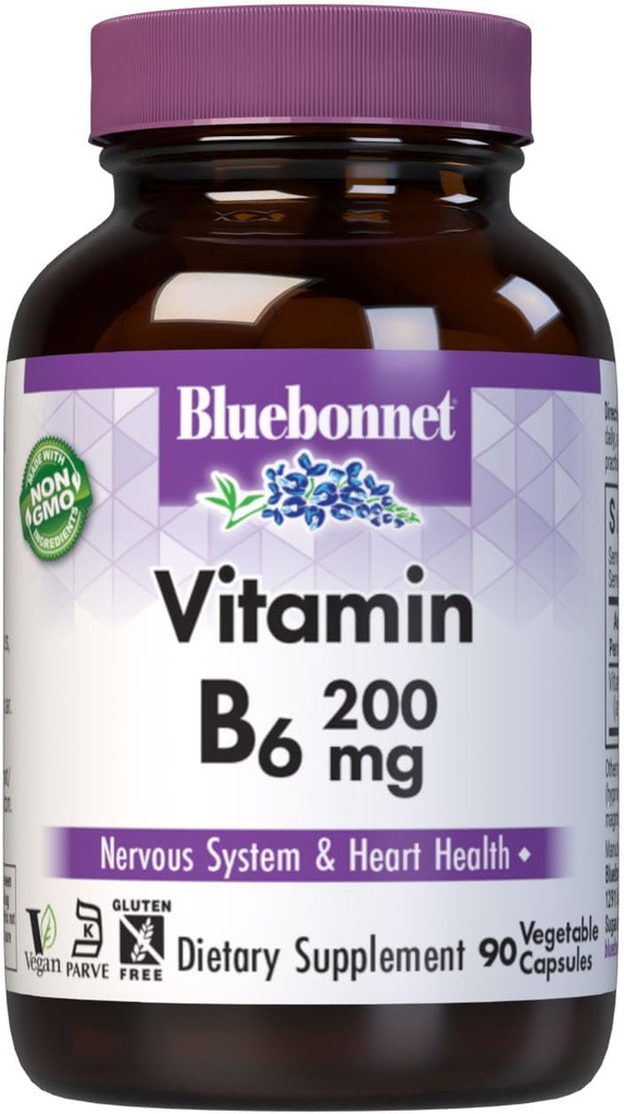Bluebonnet Διατροφή Βιταμίνη Β6 Καψάκια λαχανικών, 200 mg, Για την υγεία του καρδιαγγειακού και νευρικού συστήματος, Χωρίς σόγια, Χωρίς γλουτένη, Kosher, Χωρίς γαλακτοκομικά, Vegan, Μη ΓΤΟ, 90 Κάψουλες λαχανικών, 90 Σερβιέτες
