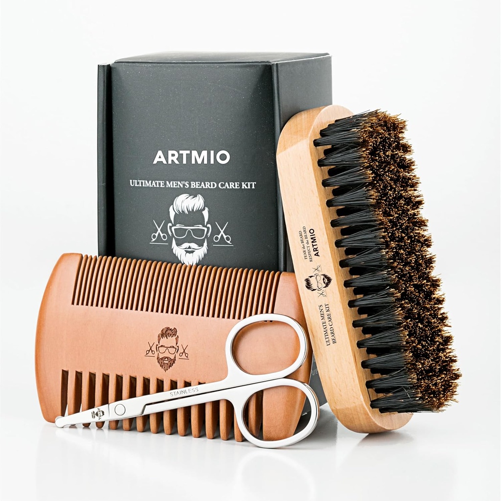 Ayıd Brush, Comb and Scissors Men's Beard Care için Set - Boar Bristle Saç Fırça & Ahşap Comb & Paslanmaz Scissors - Beard Styling, Grooming & Shaping Tools