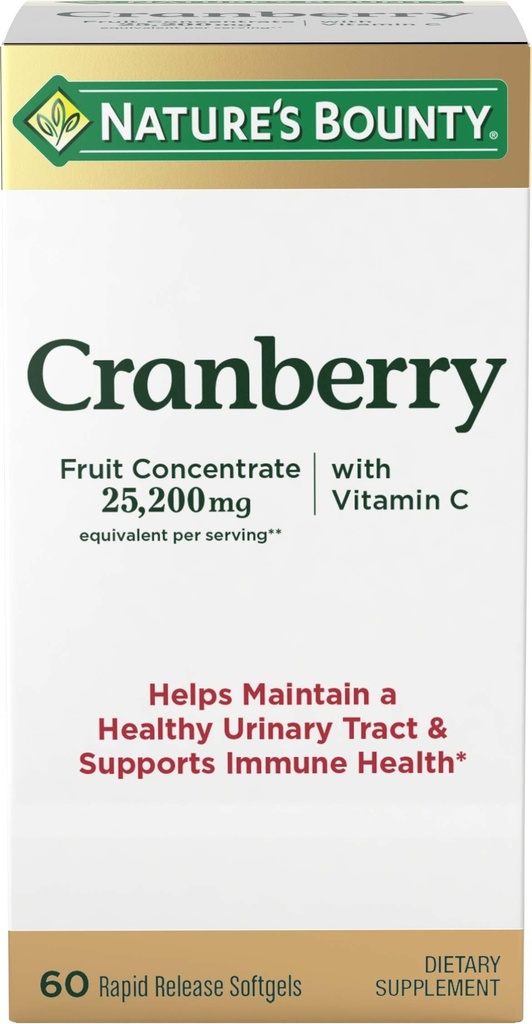 Nature's Bounty Cranberry Diyetary Supplement, Destekler Urinary Tract ve Immune Health, Softgels, 25,200 Mg, 60 Ct