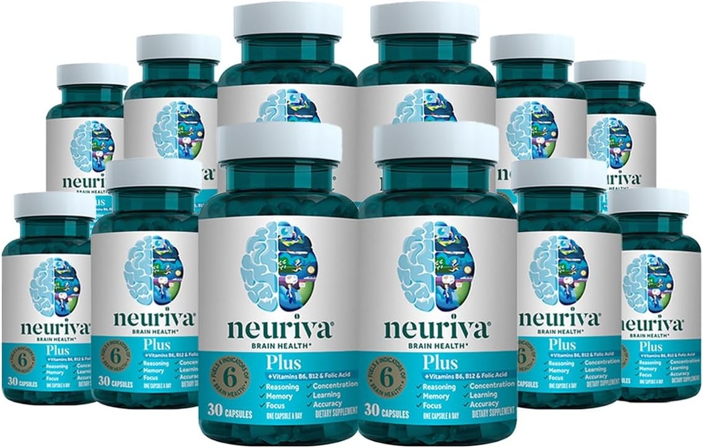 NEURIVA Plus Brain Supplement for Memory, Focus & Concentration + Cognitive Function with Clinically Tested Nootropics Phosphatidylserine and Neurofactor, VIT B6 & B12, 30 Count Capsules (12 Pack)