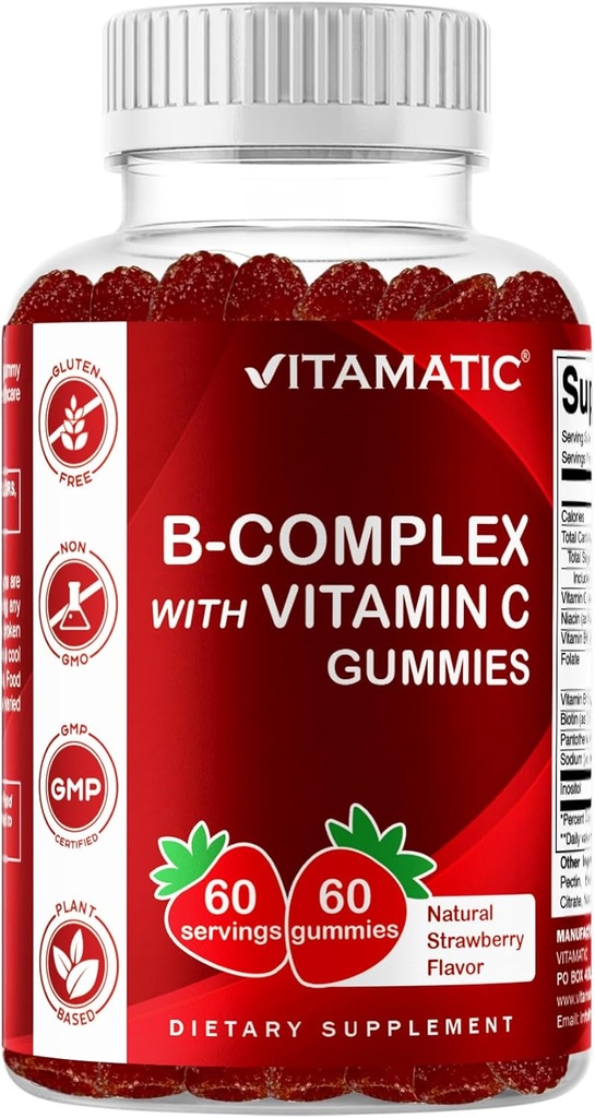 Vitamin C & Inositol ile Vitamatic Vitamin B Kompleks Gummies - Natural Strawberry Flavor - 60 Gummies (1 Şişe)