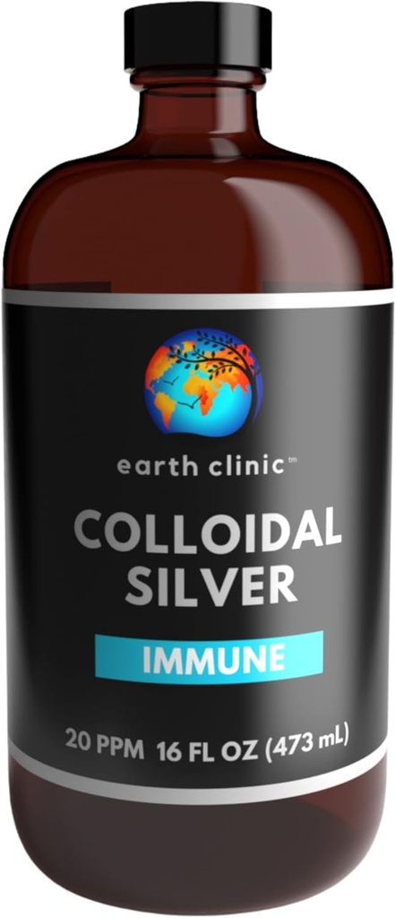Earth Clinic ® Colloidal Silver 20 PPM, 16oz (473mL), Büyük Amber Glass Şişe - Immune Support