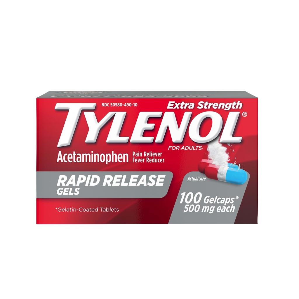 Tylenol Extra Strength Acetaminophen Rapid Release Gels, Fast, Strong Pain Relief, Fever Reducer, 500 mg Gelcaps with Laser‑Drilled Holes for Fast Release, OTC Medicine, 100 Count