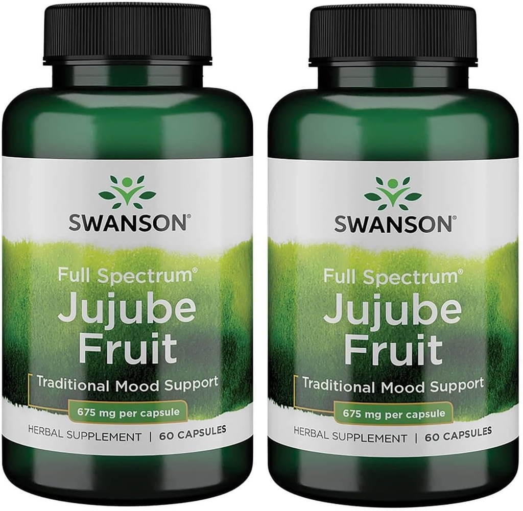 Swanson Jujube Meyvesi - Full Spectrum Herbal Supplement Calm & Relaxed Mind - Doğal Formula Stres ve Mood Destek - (60 Capsules, 675 mg Her) (2 Pack)