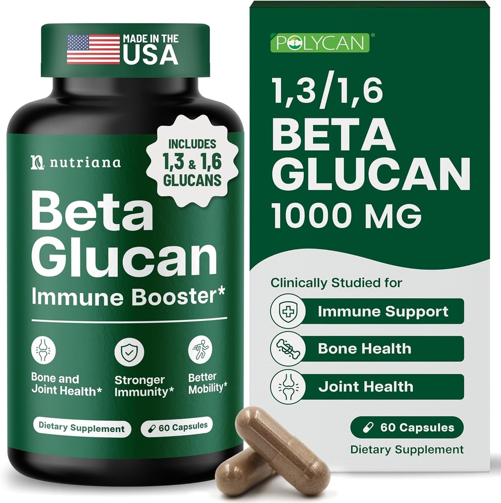 Nutriana Beta Glucan Συμπληρώματα 1000mg – 1,3/1,6D Beta Glucan Κάψουλες για την Ανοσολογική Υποστήριξη – Φυσικό συμπλήρωμα ινών Beta Glucans – 60 κάψουλες Veggie (60 Count, Unlavored)