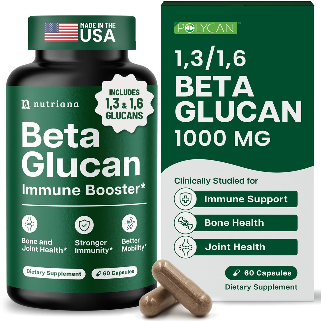 Nutriana Beta Glucan Συμπληρώματα 1000mg – 1,3/1,6D Beta Glucan Κάψουλες για την Ανοσολογική Υποστήριξη – Φυσικό συμπλήρωμα ινών Beta Glucans – 60 κάψουλες Veggie (60 Count, Unlavored)