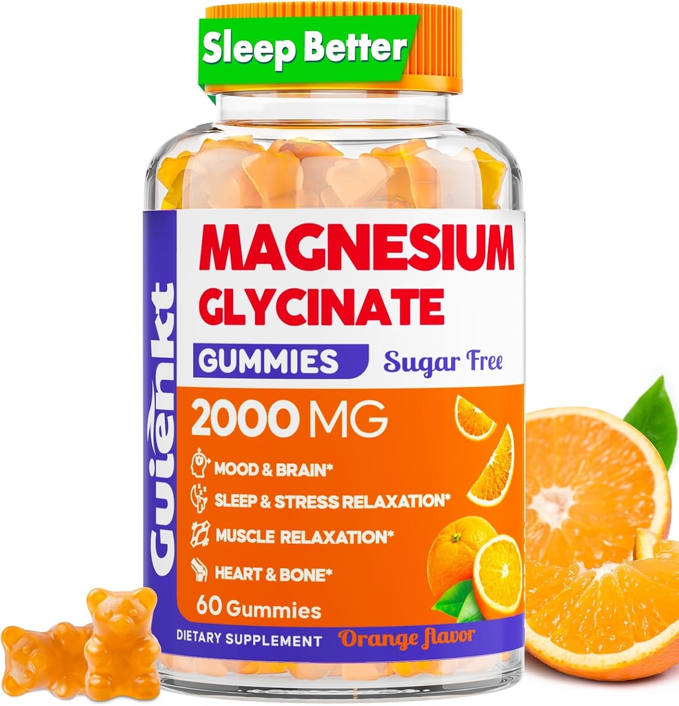 Magnezyum Glycinate Gummies 2000 mg, Sugar Free Magnezyum Gummies for Yetişkinler for Sleep, Calm, Relaxation, Pectin Based, Orange Flavor, 60 Vegetarian Gummies