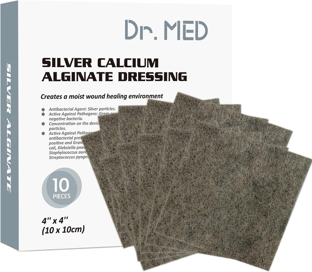 Dr. Med Silveruba Alginate Yarası 4'x4' Patches, 10 Bireysel Paketi Yüksek Absorbency Ag Alginate Yara Bandage, Non-Adhesive, Painless Removal Gauze for Bedsore, Ulcers, Skin Abrasions