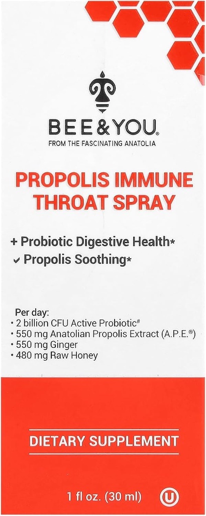 Bee ve You Propolis ve Probiyotik Throat Spray with Ginger, Immune Support, Digestive Health, Antioksis, Keto, Paleo, Gluten-Free, 1 Fl oz