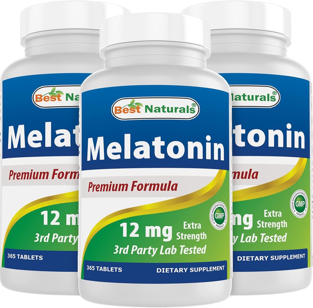 Best Naturals Μελατονίνη 12 mg (1 Χρόνος Προμήθειας) - Drug-Free Nighttime Sleep Aid - Μελατονίνη για τον ύπνο και την χαλάρωση, 365 Count (365 Count (Pack of 3))