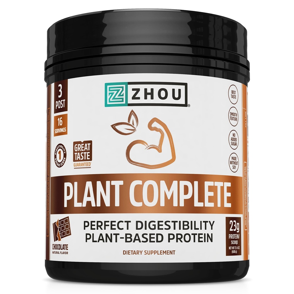 Zhou Plant Complete Vegan Protein Powder - Plant Based, for Women & Men, Non Dairy Rice & Pea Blend for Smoothies & Shakes, 21g Per Serving - Chocolate, 17.7Oz (16 Servings)