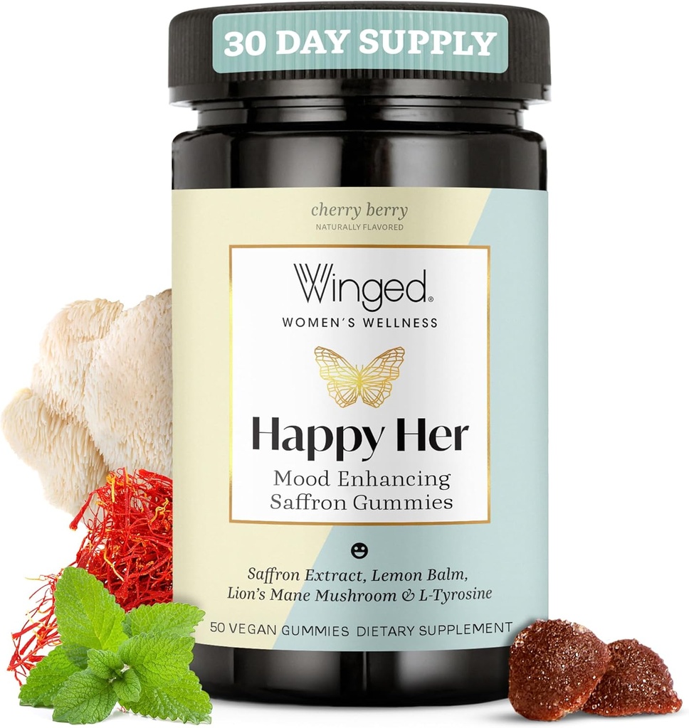 Winged Wellness Happy Her Mood Gummies - Daily Mood Enhancer Support Supplement for Women - Saffron, Lemon Balm, Vitamin D & Lions Mane Mushrooms for Balance & Calming Relief - 50 Vegan Gummies