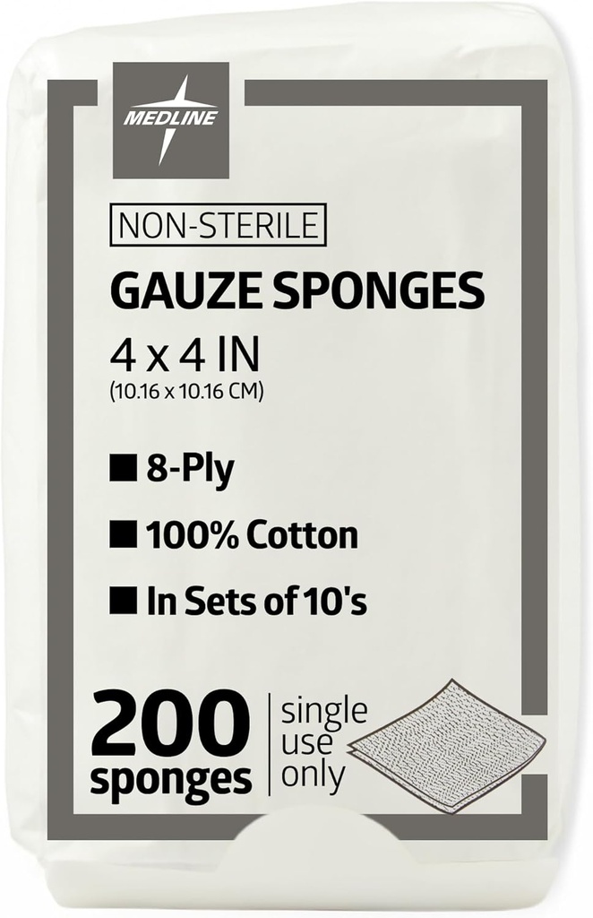Medline 4 x 4 ίντσα σφουγγάρια Gauze, μη αποστειρωμένο 8-Ply Υφαντό γάζα, 100% βαμβάκι, ιδανικό για το ντύσιμο τραύματος, φροντίδα τραύματος, Γενική χρήση πρώτων βοηθειών, συσκευασία 200