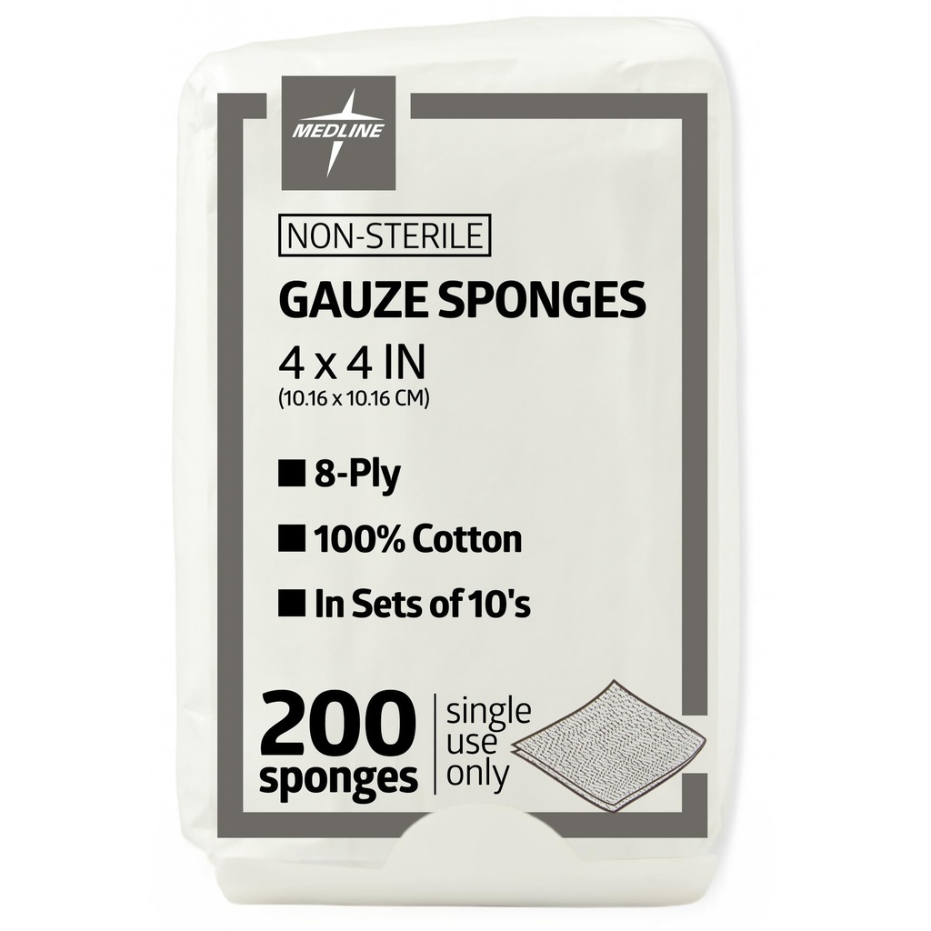 Medline 4 x 4 Inch Gauze Sponges, Non-Sterile 8-Ply Woven Gauze, 100% Pamuk, Yara Elbiseleri için İdeal, Yara Bakımı, Genel İlk Yardım Kullanımı, 200 Paket