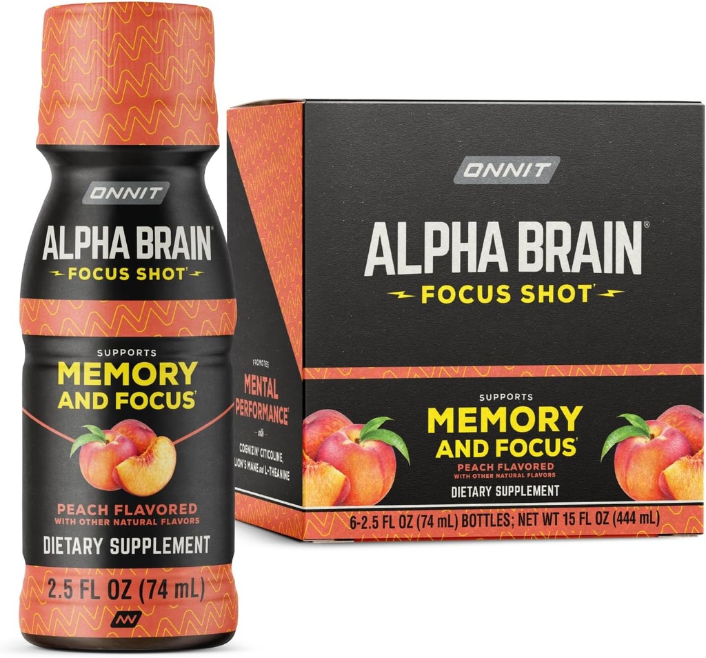 ONNIT Alpha Brain Focus Shot, Peach Flavor, Nootropic Diyetary Supplement Drink That Supports Energy, Focus, and Mood, IGENTM Non-GMO Tested, 2.5 fl oz, 6 Count