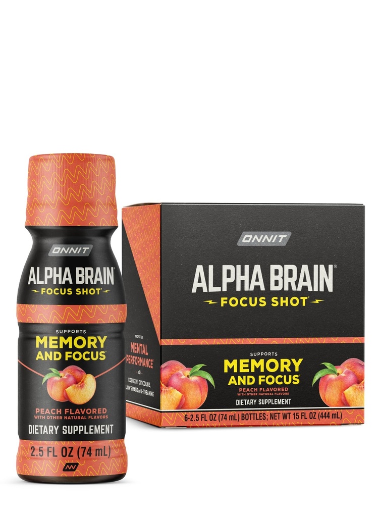 ONNIT Alpha Brain Focus Shot, Peach Flavor, Nootropic Diyetary Supplement Drink That Supports Energy, Focus, and Mood, IGENTM Non-GMO Tested, 2.5 fl oz, 6 Count