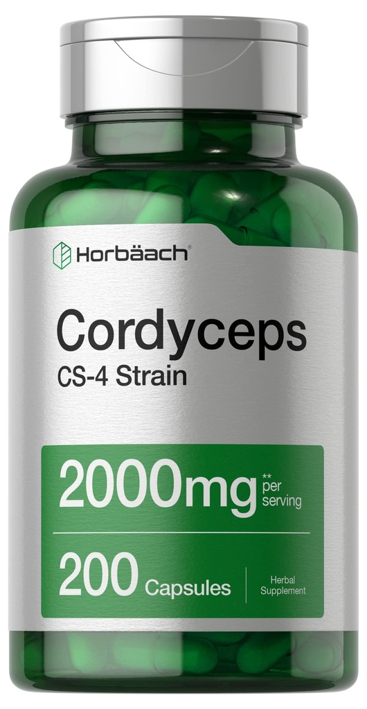 Horbäach Cordyceps Mushroom Capsules 2000 mg | 200 Kont | CS-4 Strain Cordyceps Sinesis | Non-GMO Herbal Supplement