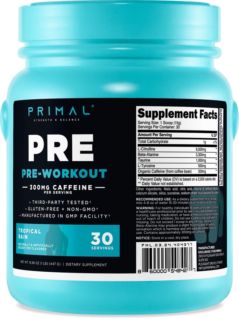Primal Pre-Workout Tropikal Rain Rocket Pop Flavored (30 hizmet) - Gluten Free & Non-GMOMO