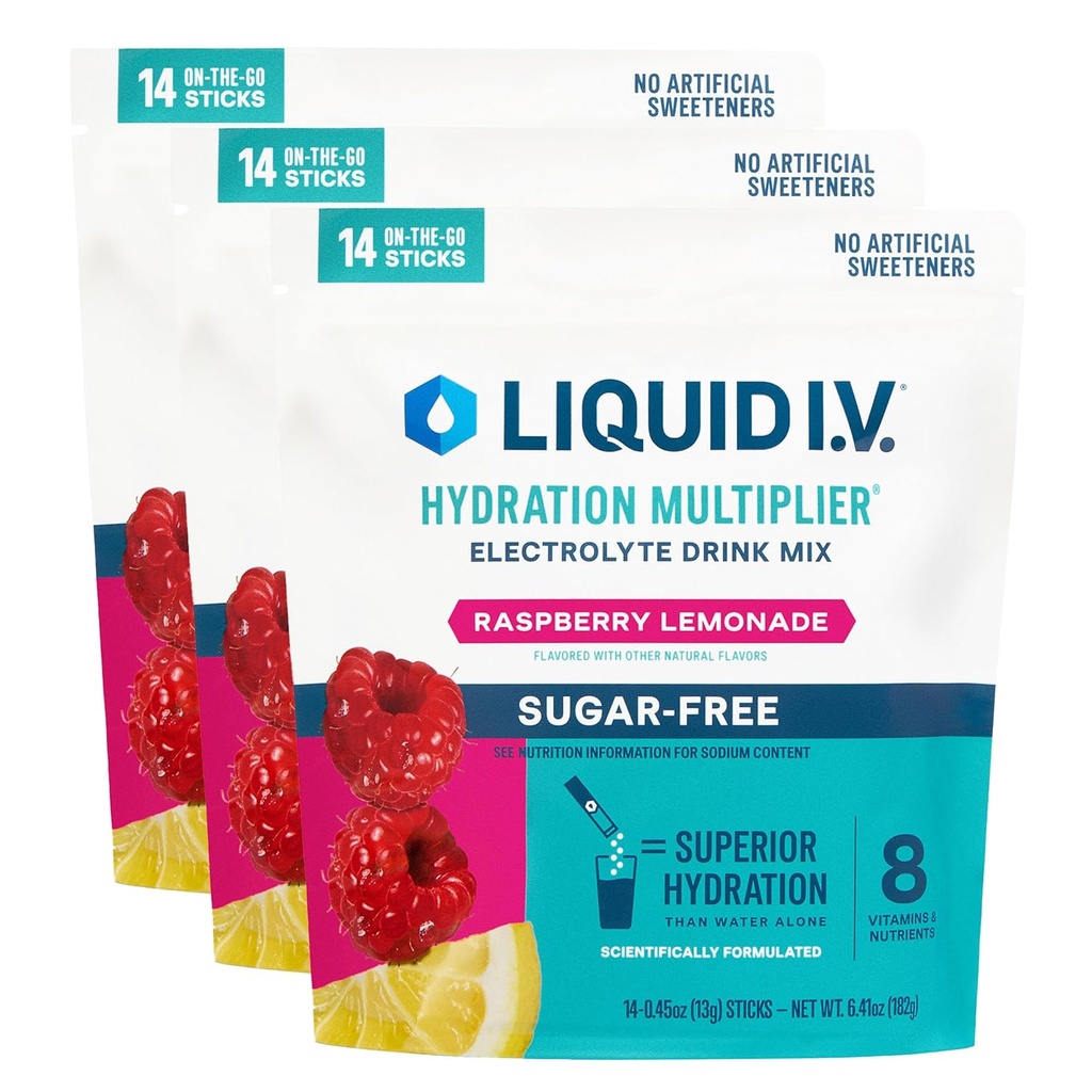 Sıvı I.V.® Hydration Multiplier® Sugar-Free - Raspberry Lemonade | Elektrolyte Toz İçecek Mix | 3 Pack (42 hizmet)