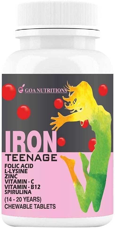 Genric Viva Iron Tabletleri Folic Acid C, B12, lysine, Spirulina & çinko Supplements As Haemoglobin Builder, Immunity Alerts, Energy for Women Teenager Girls – 60 Chewables (Pack of 1)